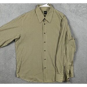 Boss Hugo Shirt Button Up Mens 2XL Green Brown Geometric Slim Fit Long Sleeve